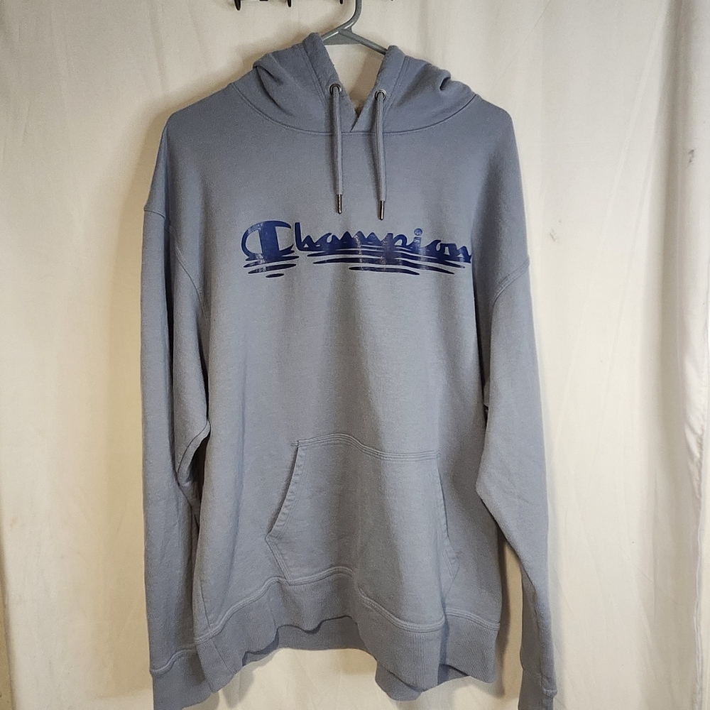 Champion Powerblend Logo Fleece Sweatshirt Blue Hoodie Warm Men's Size XL